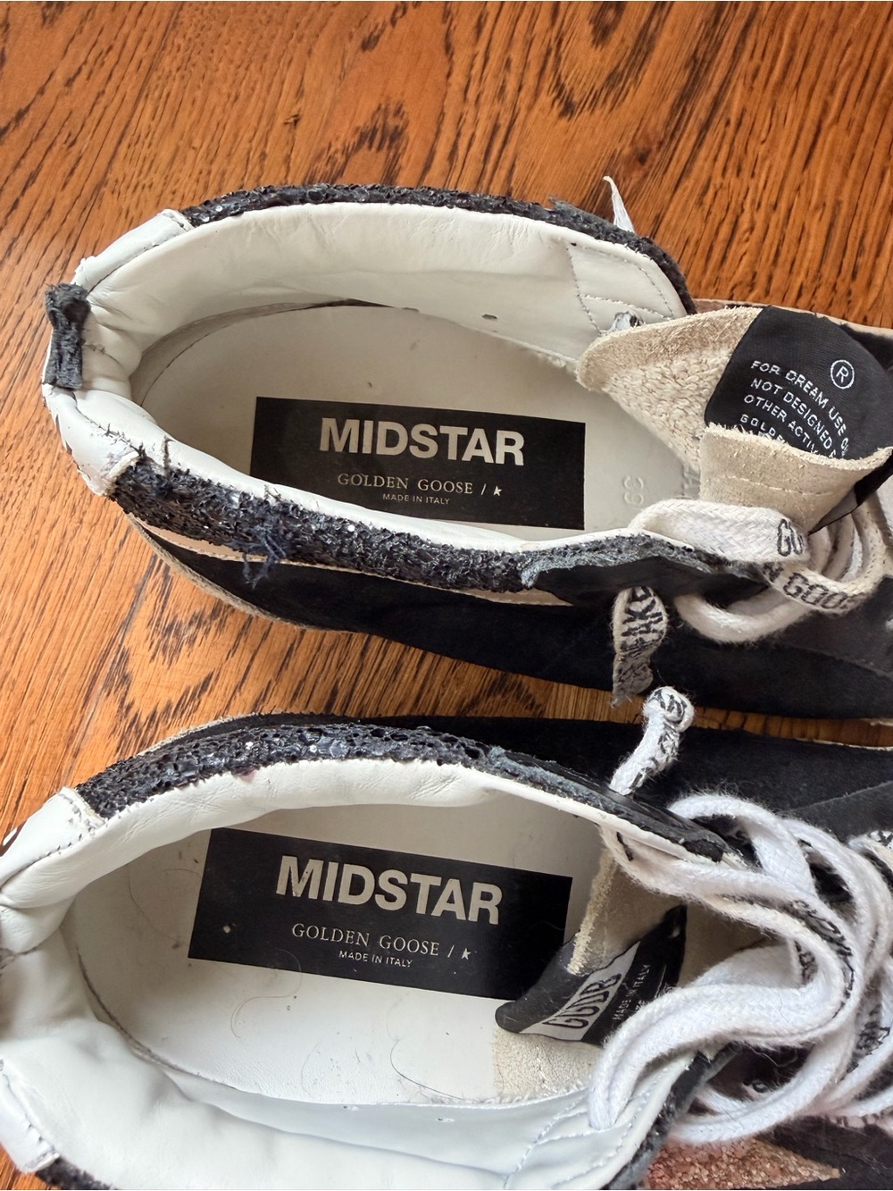 Golden Goose Kids Black and Beige High-Top Sneakers with Gold Glitter Star - Picture 6 of 9